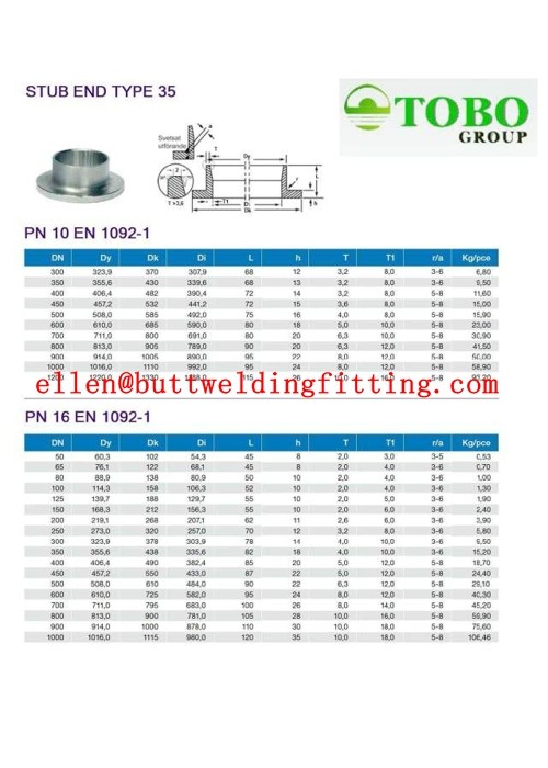 ASTM A403 316L Stainless Steel Stub Ends DN250PN16 EN1092-1 Type 35 BW